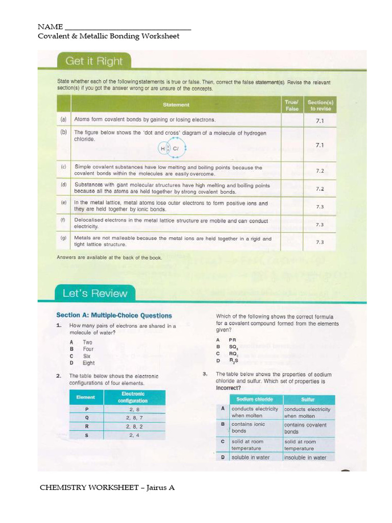 Covalent & Metallic Bonding Workshet | PDF