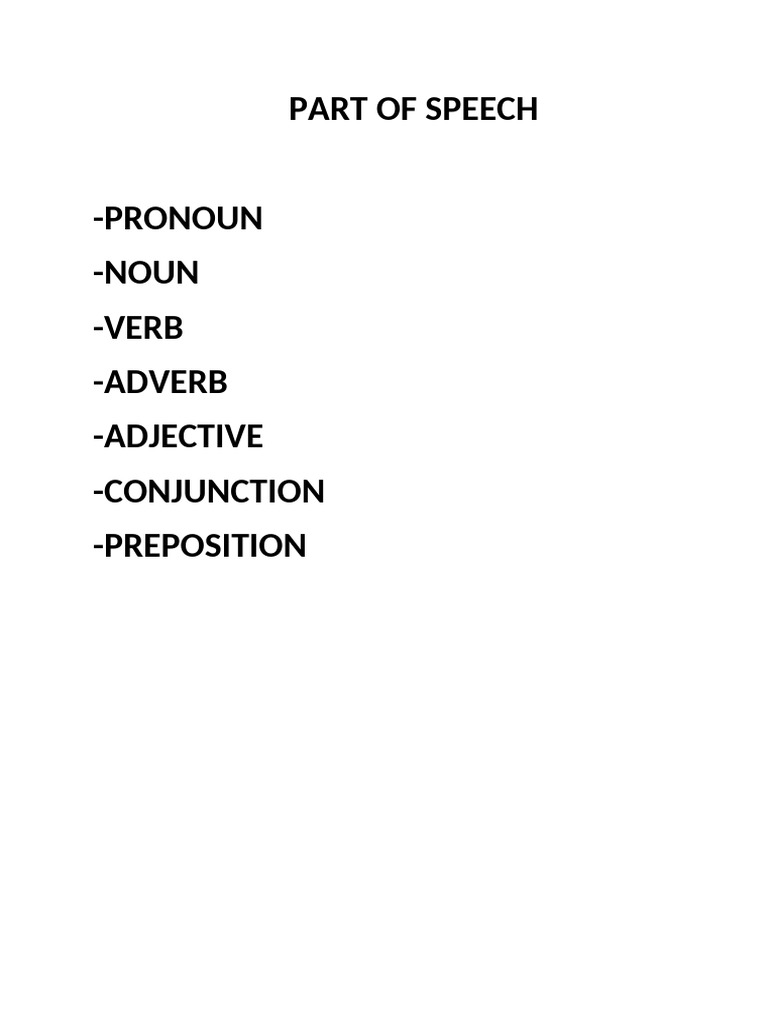 Part of Speech - Pronoun - Noun - Verb - Adverb - Adjective ...