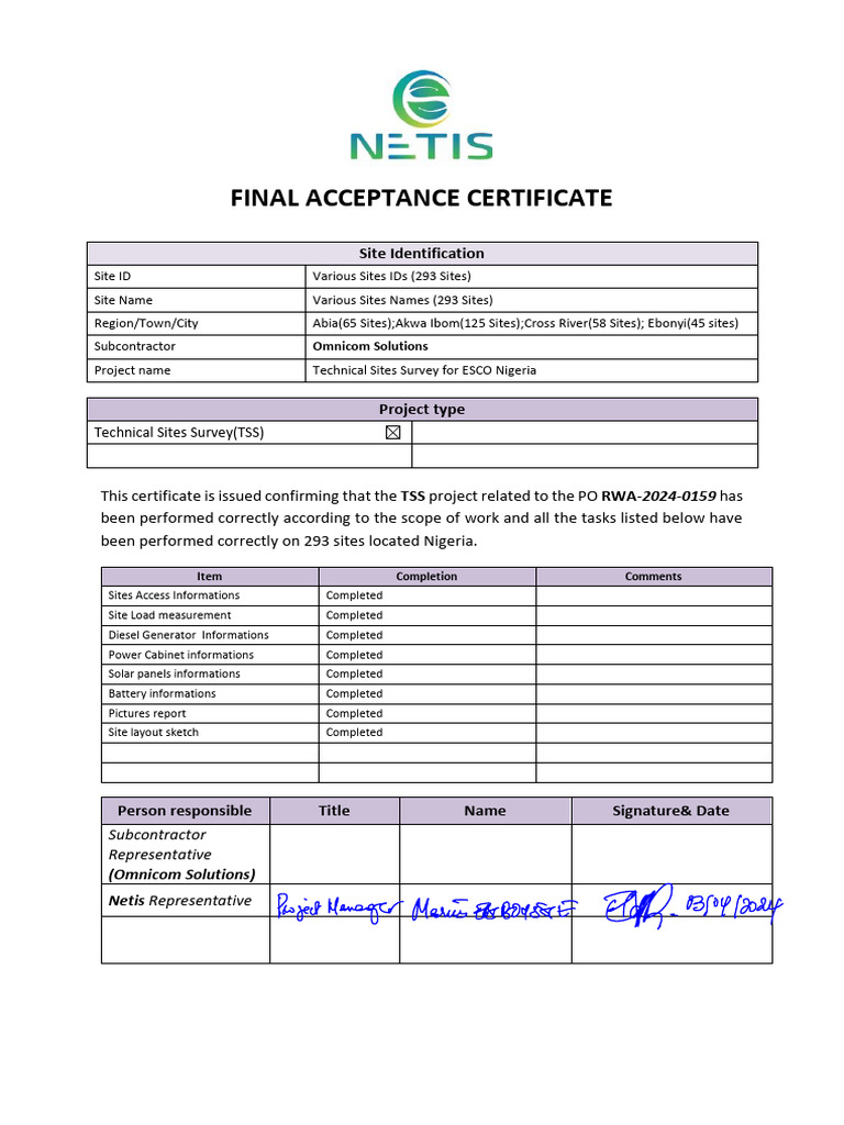 Final Acceptance Certificate for TSS Project | PDF