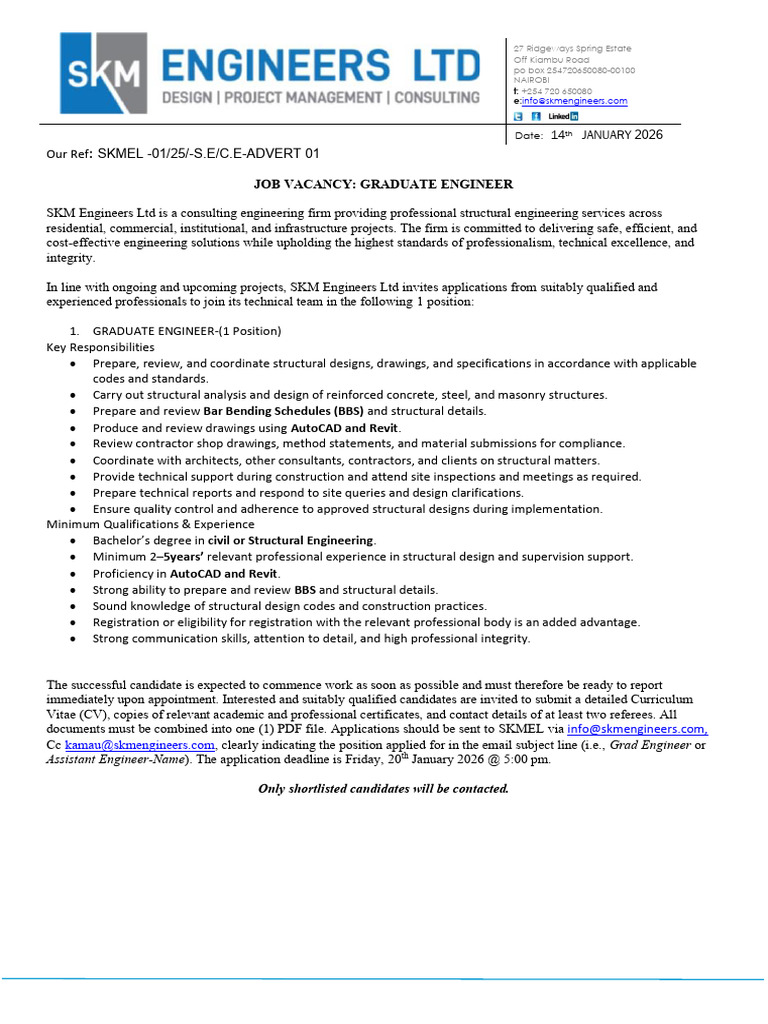Graduate Engineer Job Vacancy at SKM Engineers | PDF | Engineer ...