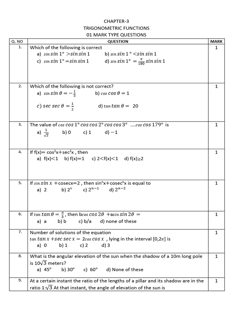 Trigonometric Functions: 1, 2, 3 Mark Questions | PDF | Pi ...