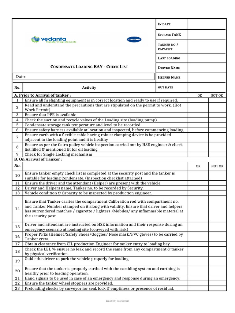 Condensate Loading Bay Checklist | PDF | Oil Tanker
