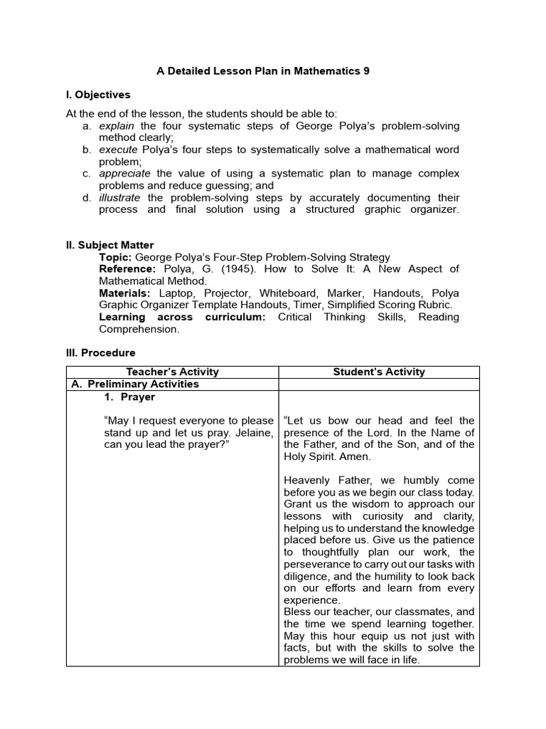 Polya's Problem-Solving in Math 9 | PDF | Lesson Plan