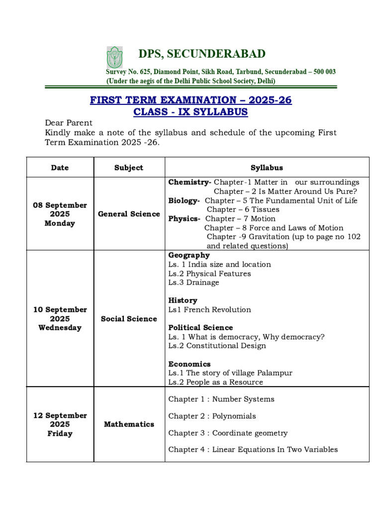 CL 9 Syllabus First Term Examination 2025 | PDF