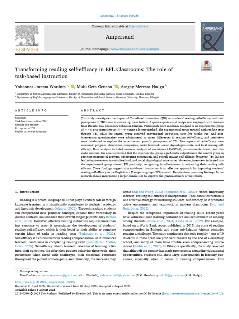 Enhancing EFL Reading Self-Efficacy with TBI | PDF | Self Efficacy ...