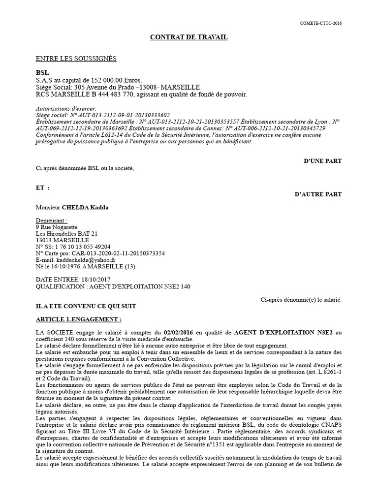 Contrat de travail BSL - Agent d'exploitation | PDF | Heures ...
