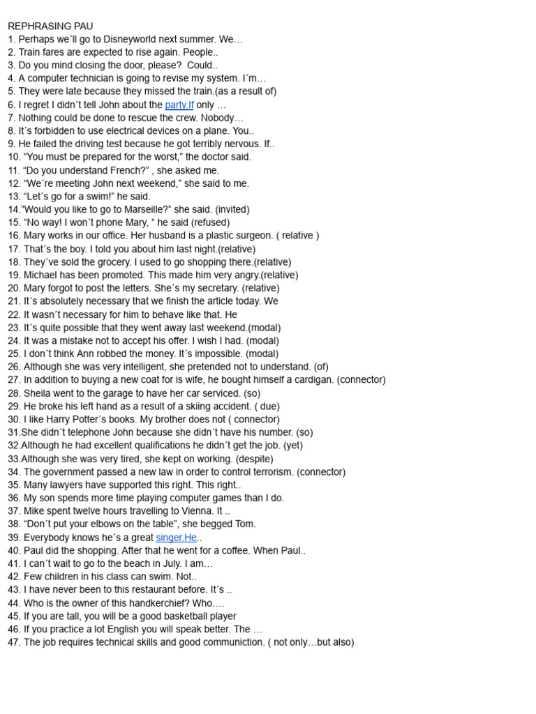 Rephrasing Exercises for English Skills | PDF