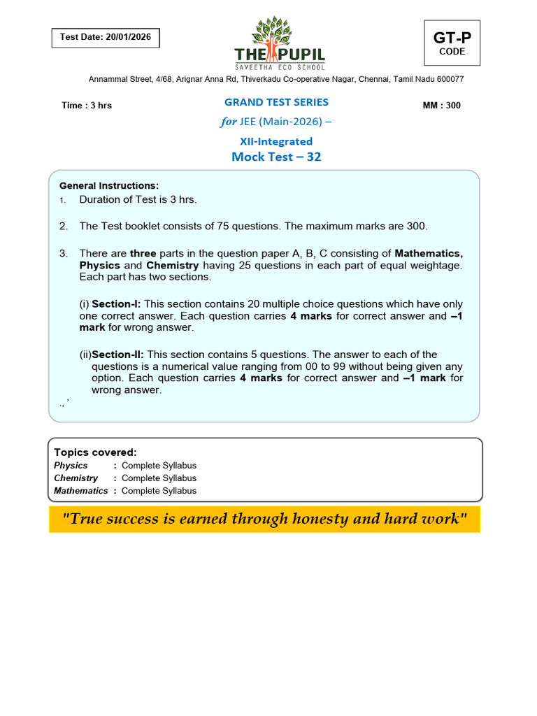 JEE Main 2026 Grand Test Series Mock | PDF | Salt (Chemistry ...