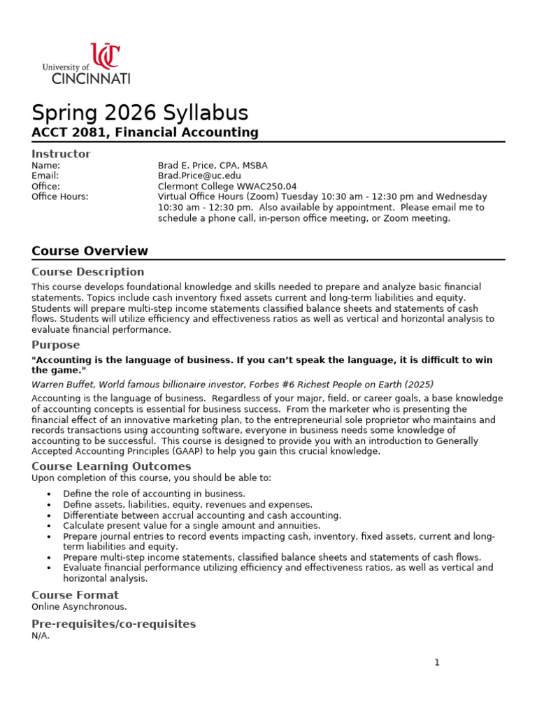 Financial Accounting Syllabus Spring 2026 | PDF | Financial Accounting ...