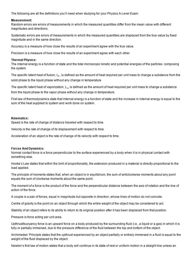 A-Level Physics Key Definitions Guide | PDF | Radioactive Decay | Force