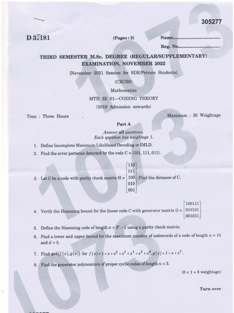 M.Sc. Coding Theory Exam Questions | PDF | Naming Conventions | Algorithms