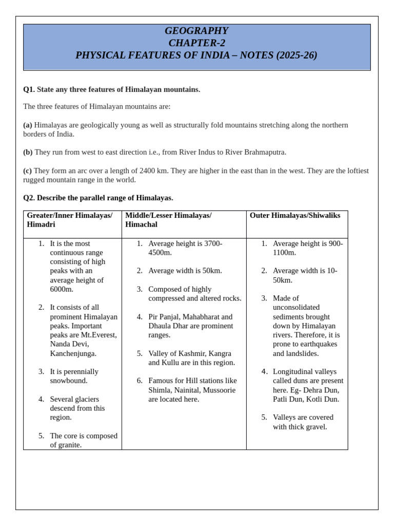 Physical Features of India: Geography Notes | PDF | Himalayas | Geology