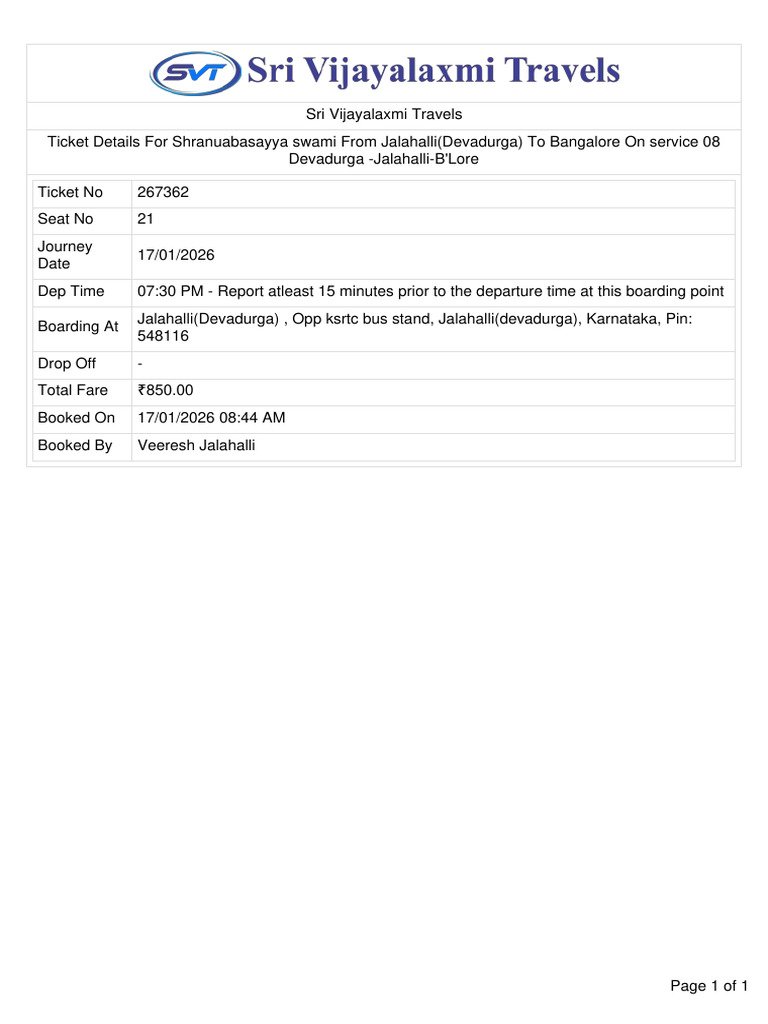 Ticket Details for Devadurga to Bangalore | PDF