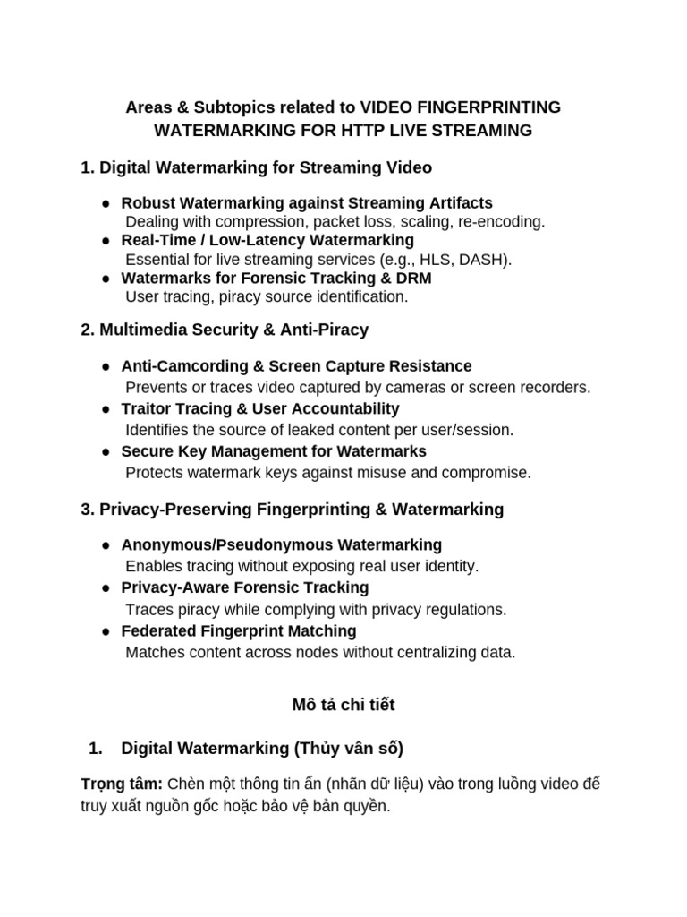Areas Subtopics Related to Video Fingerprinting Watermarking for Http ...