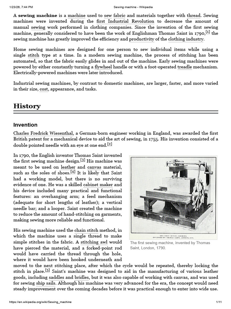 First Sewing Machine by Thomas Saint | PDF | Sewing Machine | Sewing