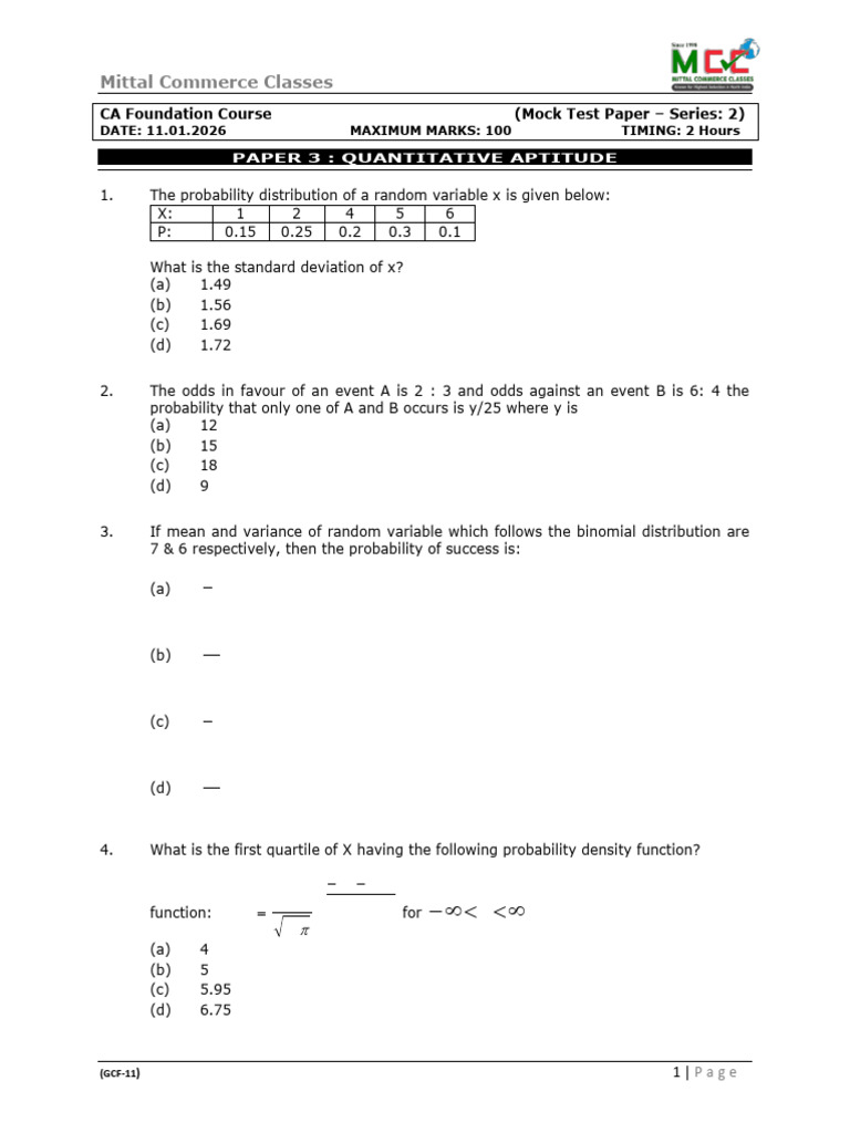 CA Foundation Mock Test: Quantitative Aptitude | PDF | Mean | Interest