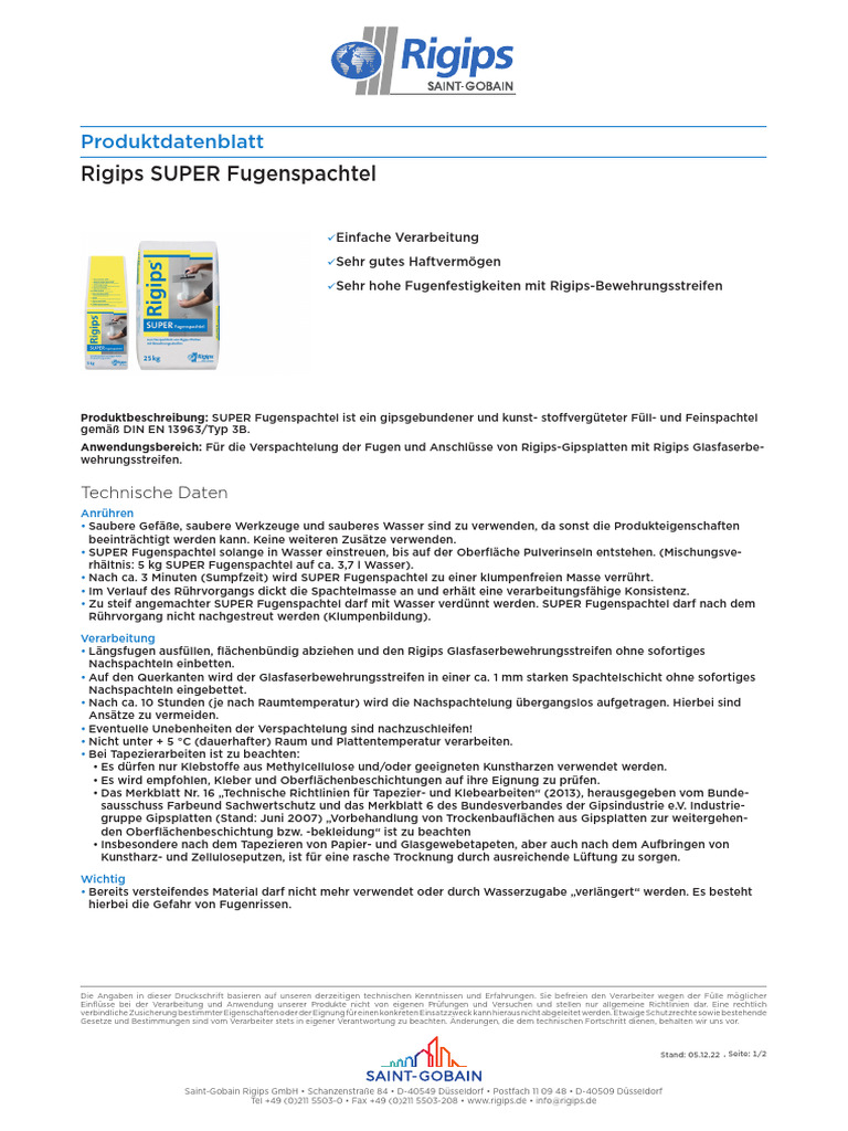Produktdatenblatt Rigips Super Fugenspachtel | PDF