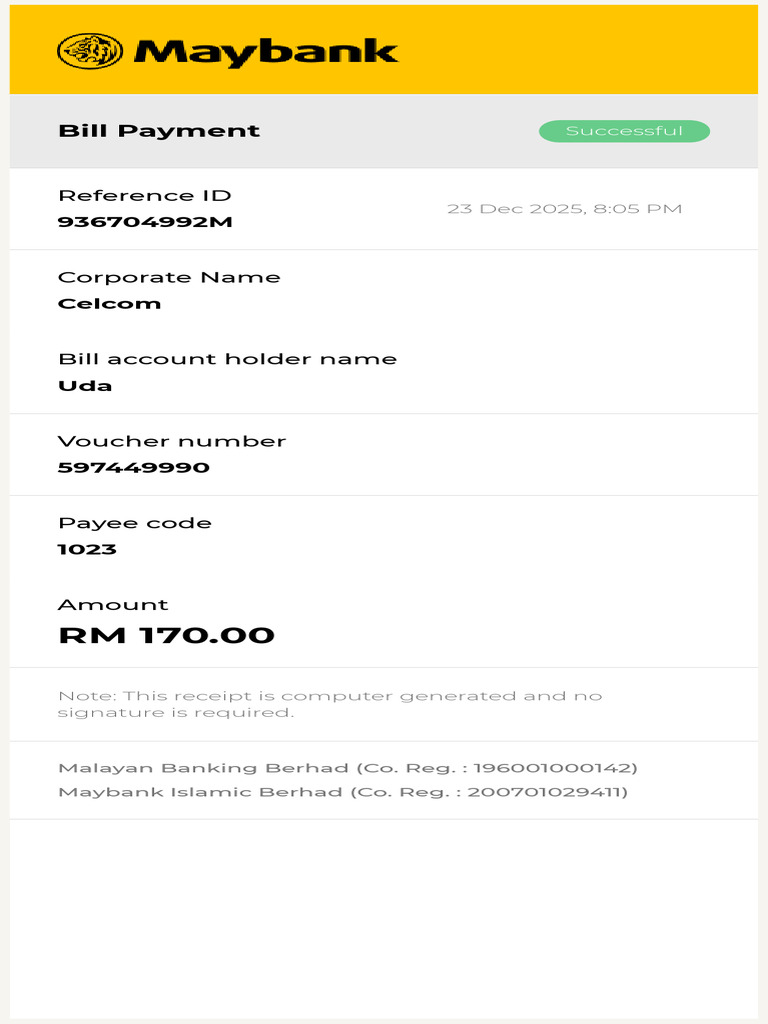 Celcom Bill Payment Receipt - RM 170.00 | PDF