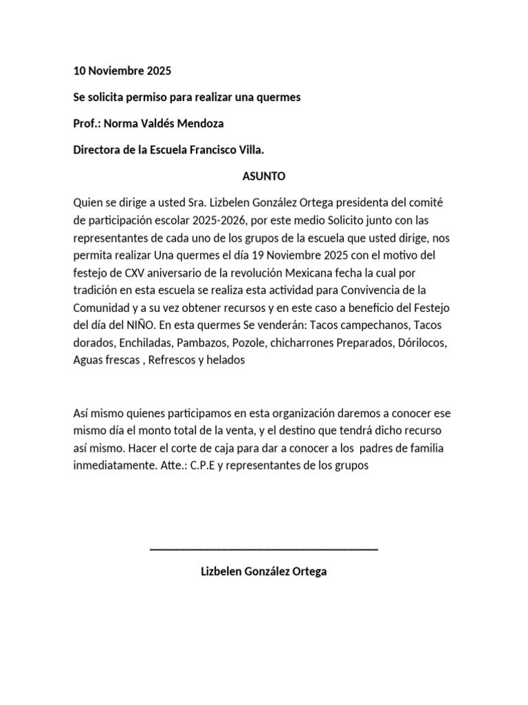 Solicitud de Quermés Escolar 2025 | PDF