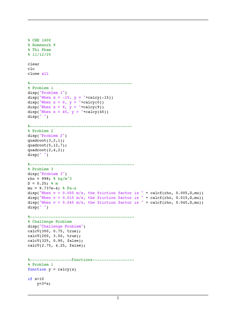 MATLAB Homework Solutions for CHE 1600 | PDF | Gases | Zero Of A Function