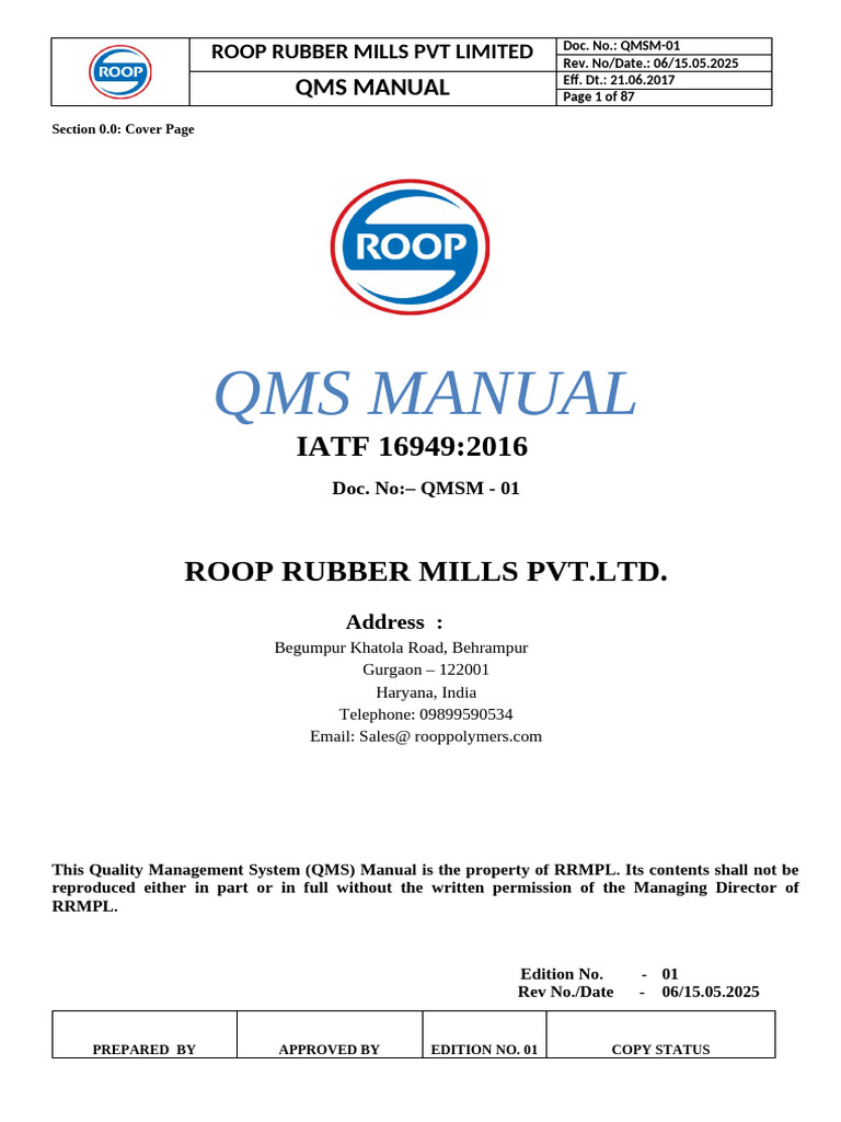 Roop Rubber Mills QMS Manual Overview | PDF | Quality Management System ...