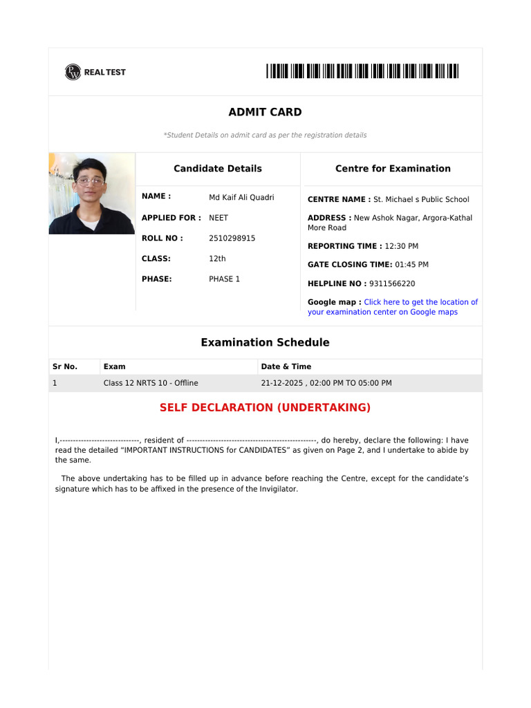 NEET Admit Card Details and Instructions | PDF | Identity Document
