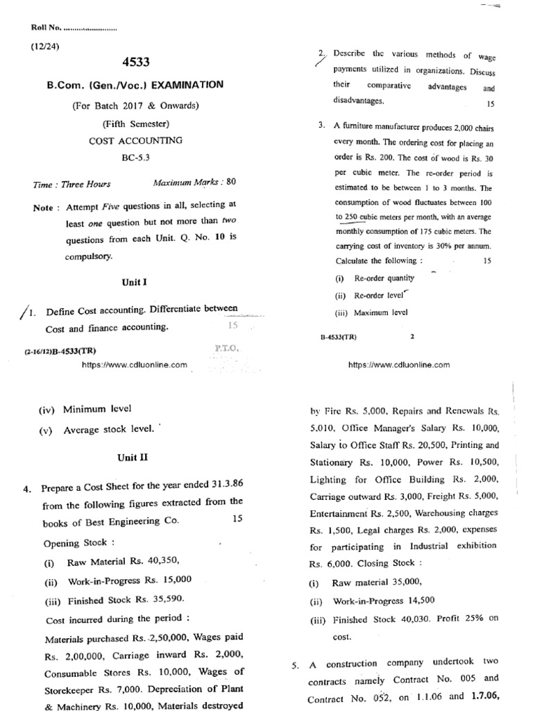 Bcom 5 Sem Cost Accounting 4533 Dec 2024 | PDF