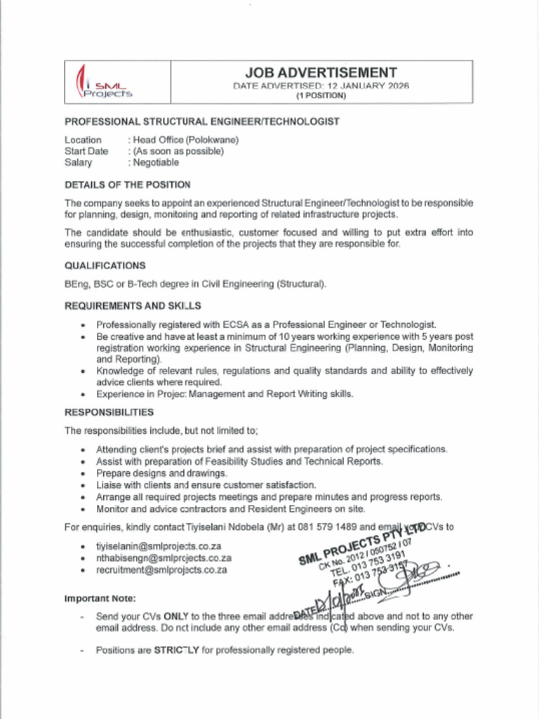 Job Advert - Pr. Civil Engineer SML Projects | PDF