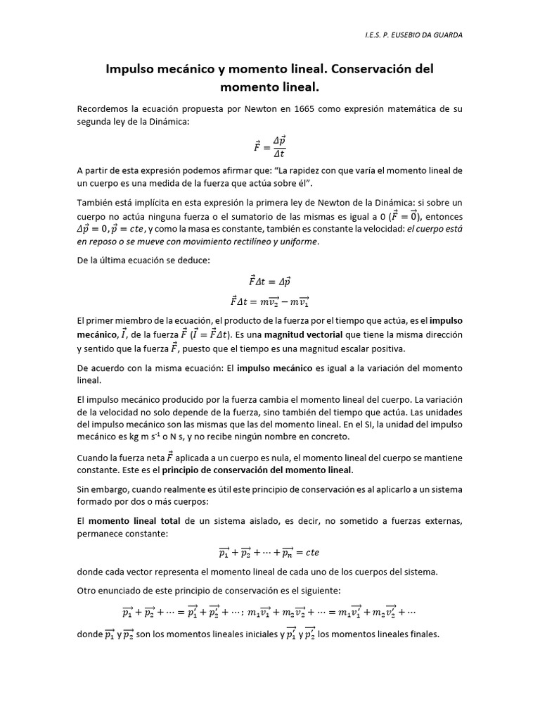 Impulso y Conservación del Momento Lineal | PDF | Impulso | Fuerza