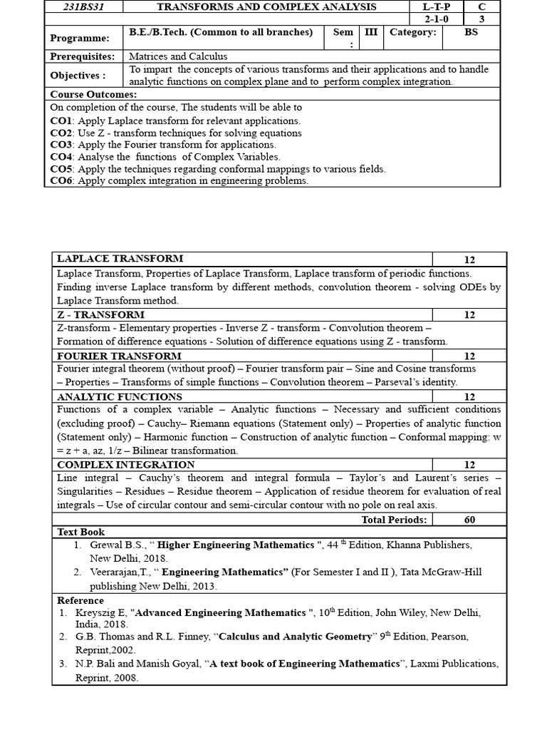 231BS31 Transforms and Complex Analysis (for All Branches).Docx | PDF ...