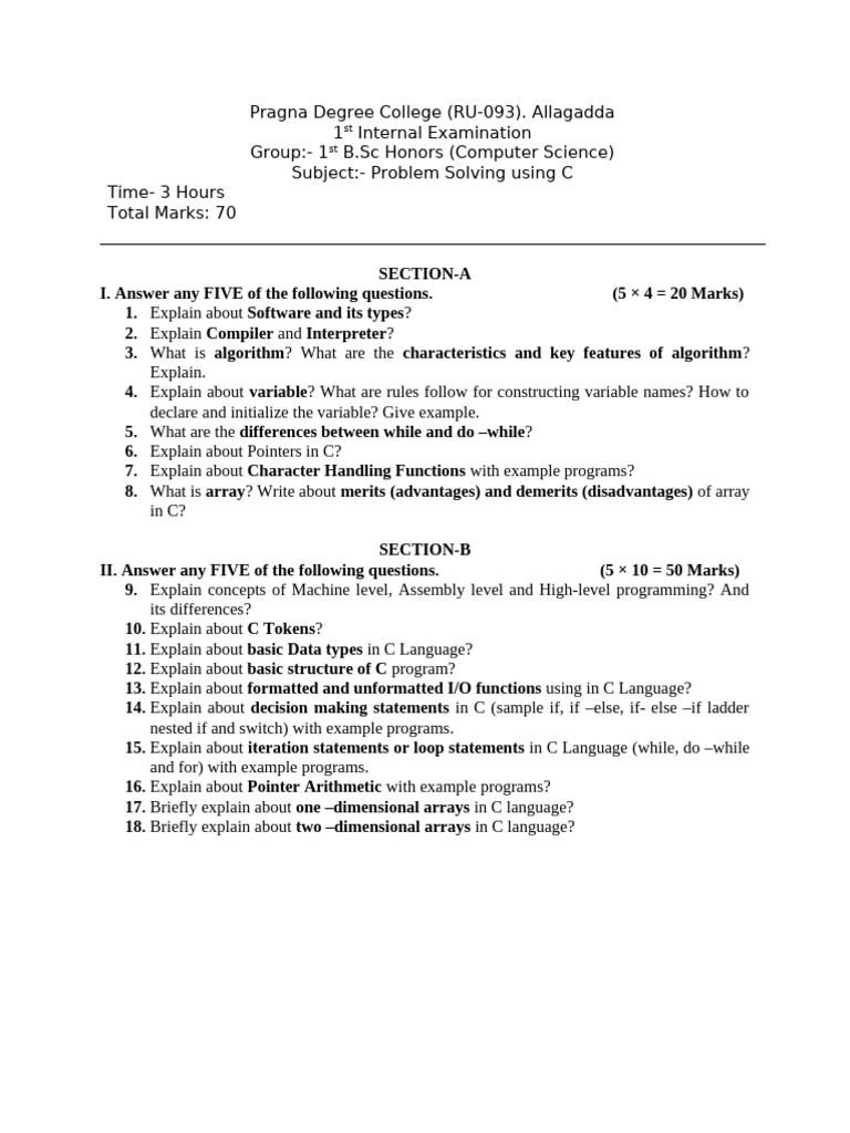 C 1st Internal 2025 1 | PDF