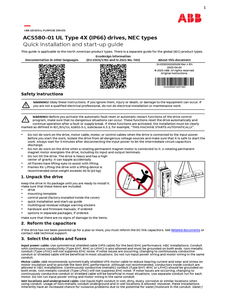 ACS580-01 Drive Installation Guide | PDF | Electrical Wiring ...