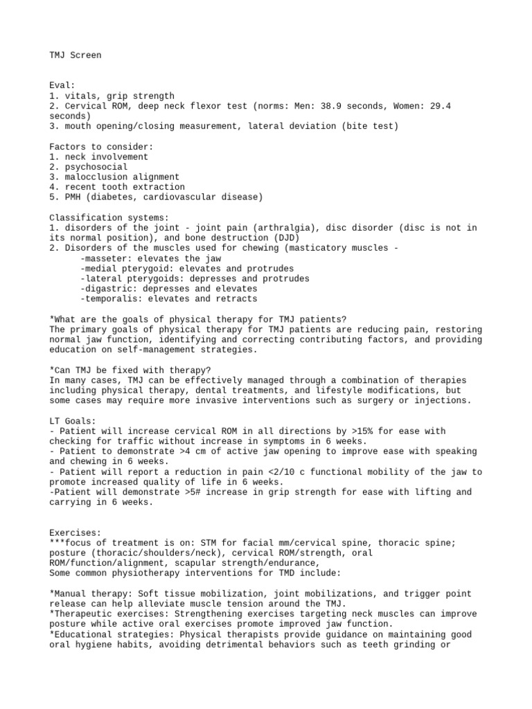 TMJ Evaluation and Treatment Protocols | PDF | Physical Therapy ...