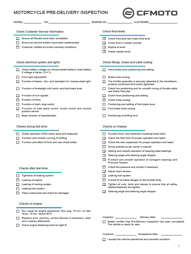 Motorcycle Pre Delivery Inspection Checklist PDF Throttle Clutch