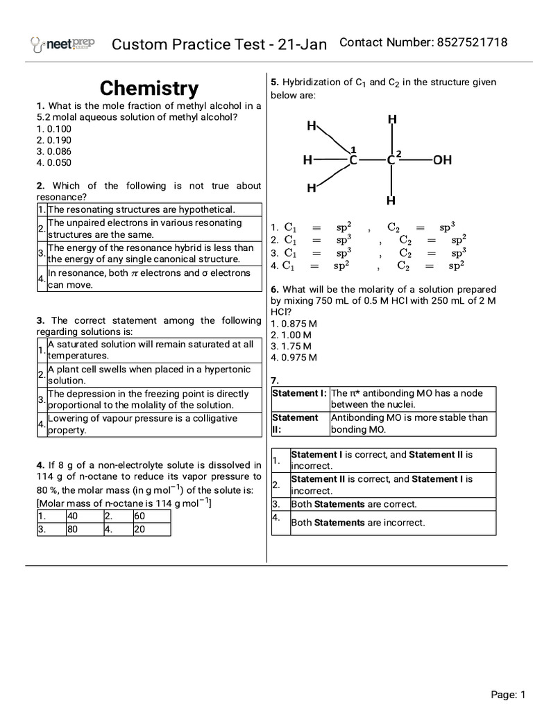 Chemistry Practice Test Questions | PDF | Chemical Bond | Molecules
