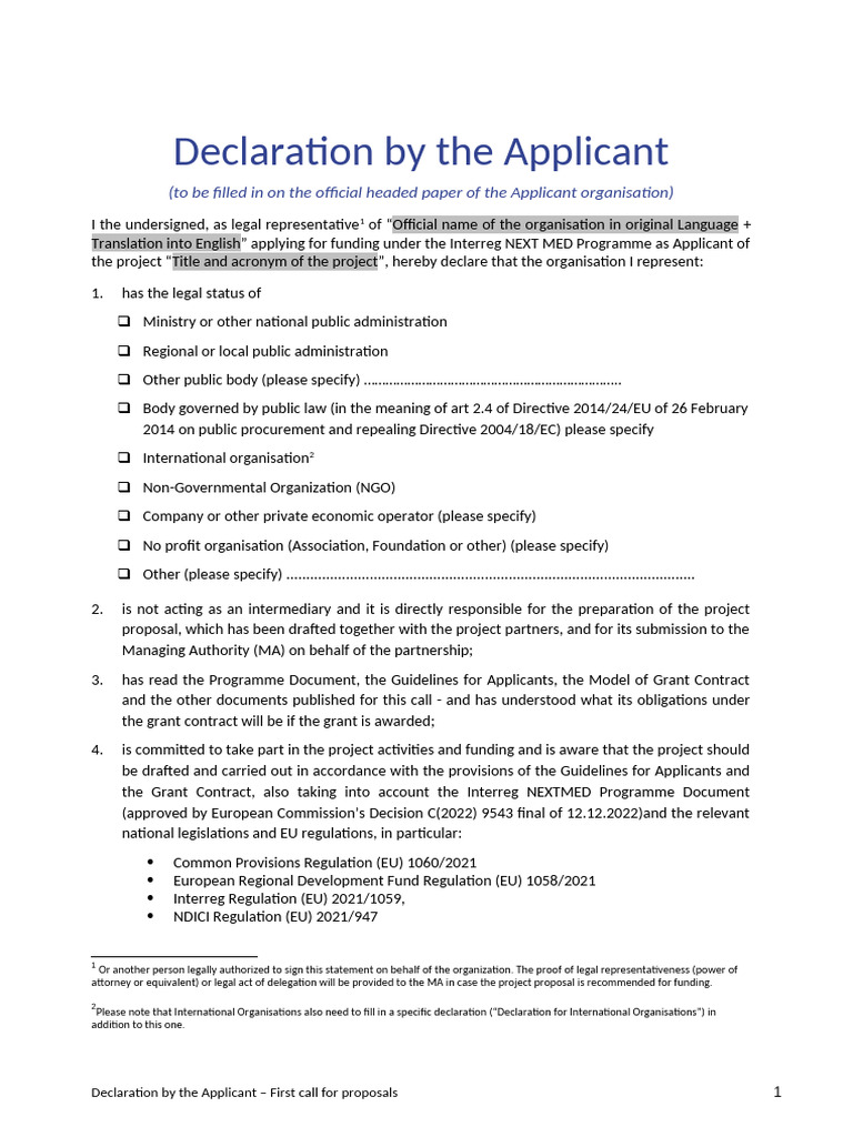 Interreg NEXT MED Funding Declaration | PDF | Partnership | Regulatory ...