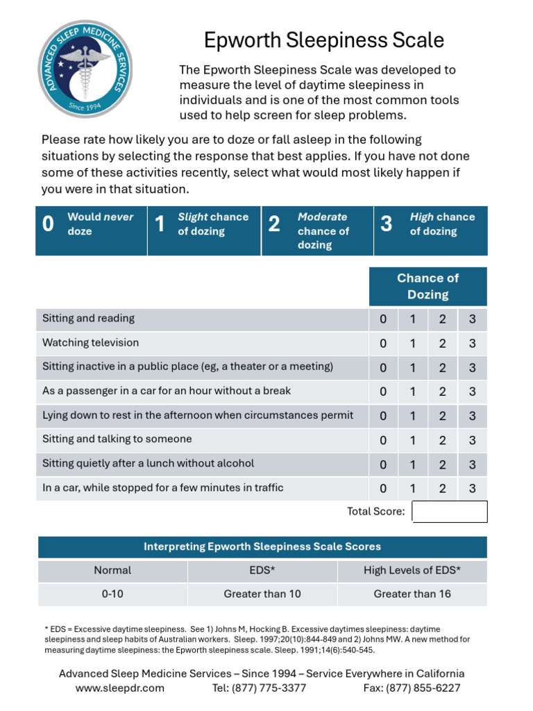 Epworth Sleepiness Scale Overview | PDF | Sleep Disorder | Animal ...