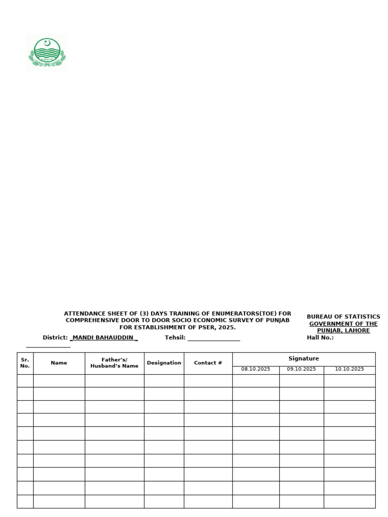 Attendence Sheet TOE PSER | PDF