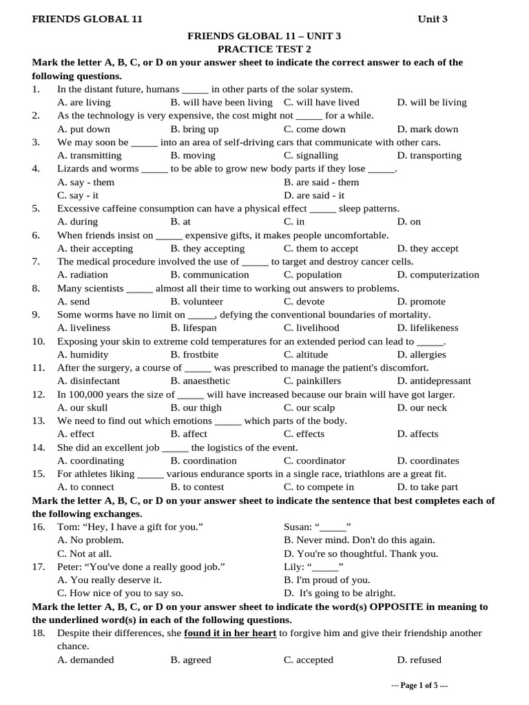 Friends Global 11 Unit 3 Practice Test | PDF | Physical Fitness | Dieting