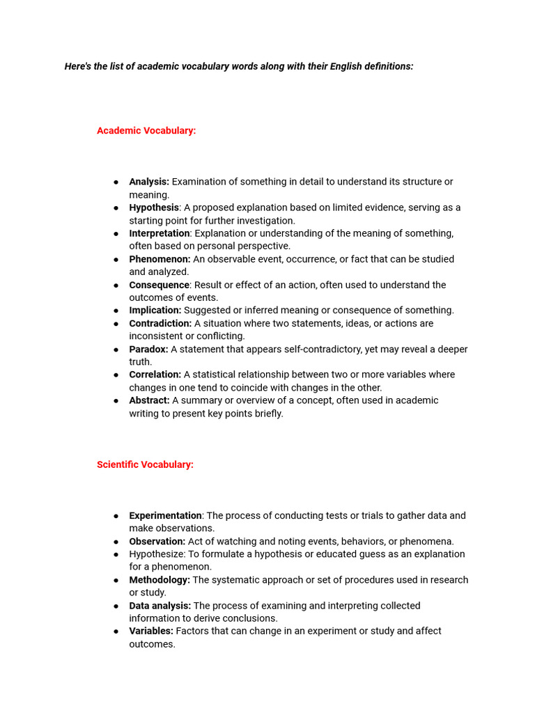 Essential Academic Vocabulary List | PDF | Scientific Method | Hypothesis