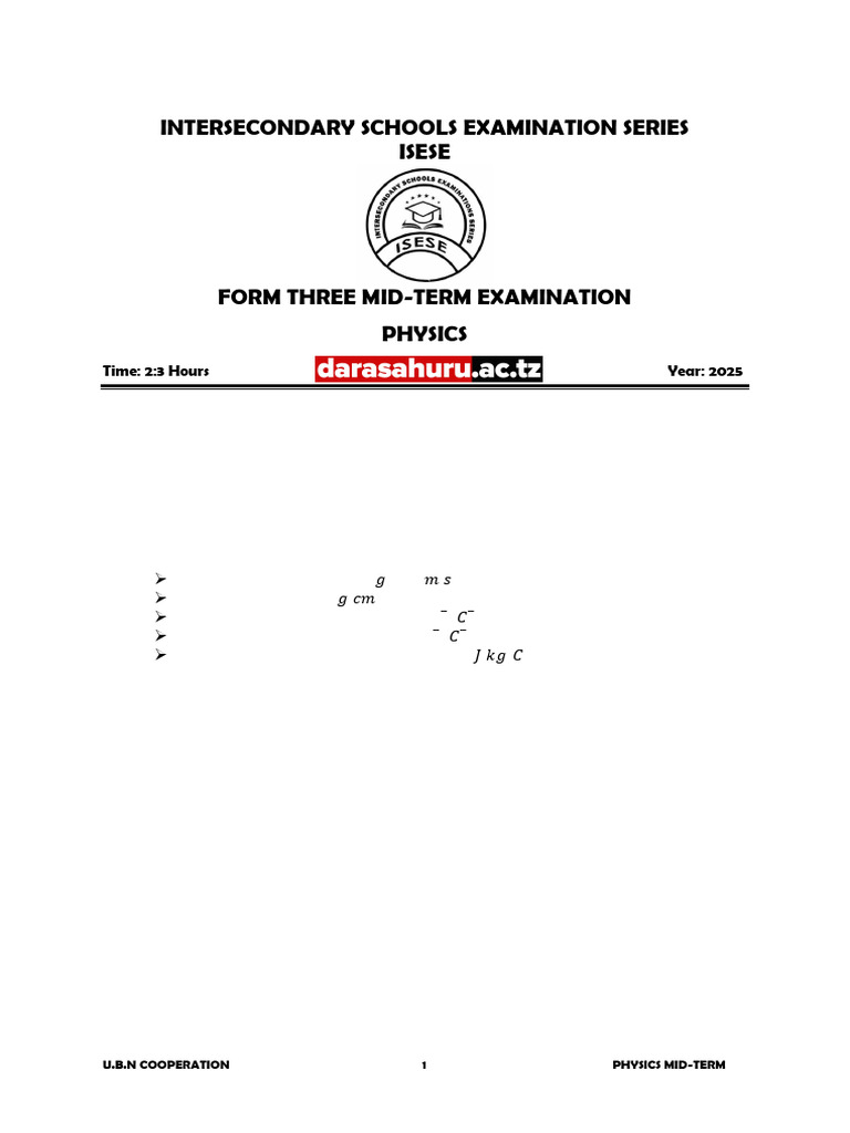 Form Three Physics Mid-Term Exam 2025 | PDF | Color | Magenta