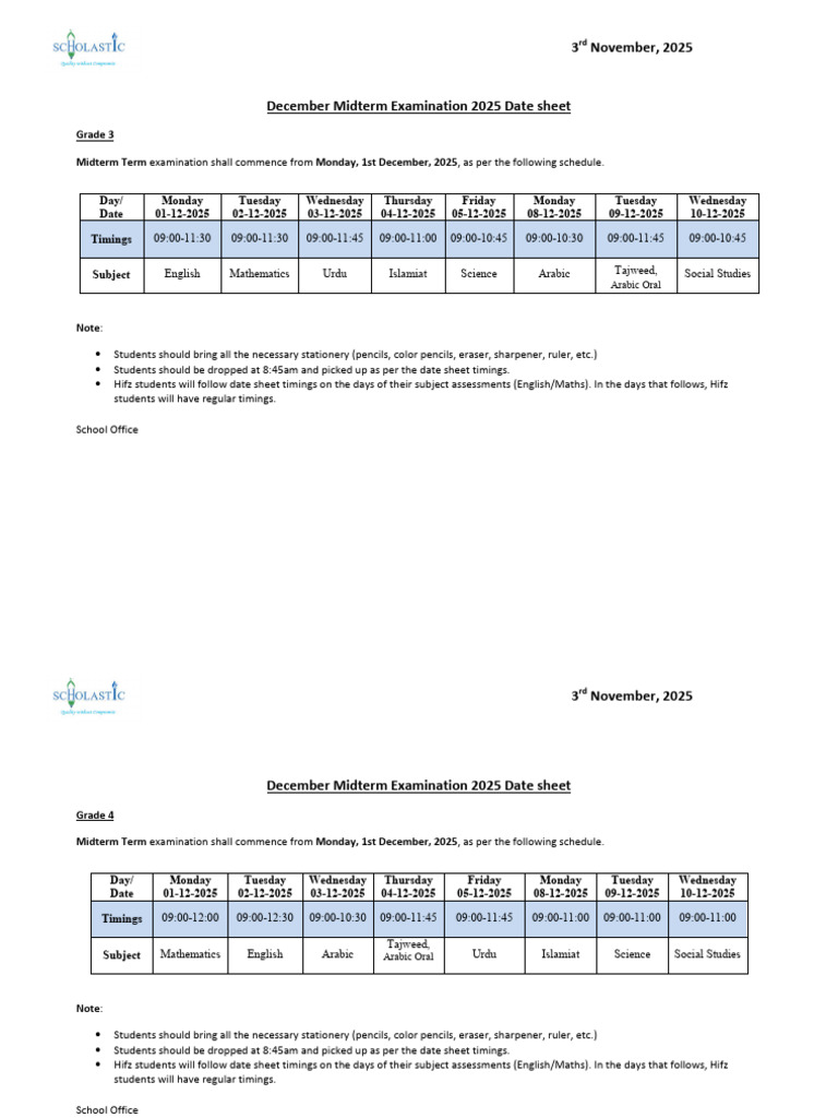 December 2025 Midterm Exam Schedule | PDF