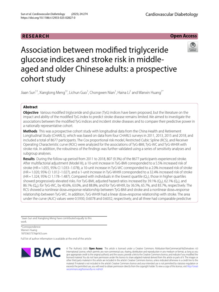 Modified TyG Indices and Stroke Risk | PDF | Body Mass Index | Diabetes
