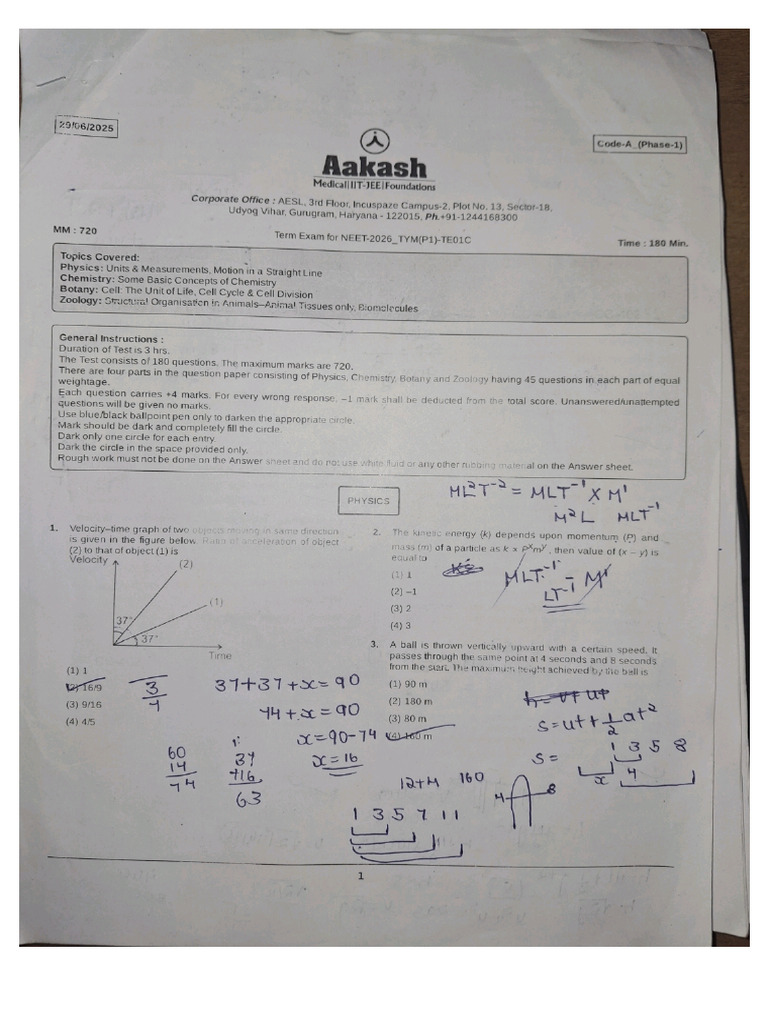 Term Exam 1 Neet Aakash | PDF
