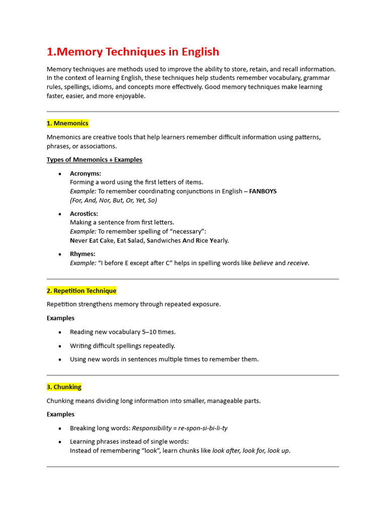 Effective Memory Techniques for English | PDF | Speed Reading | Mnemonic