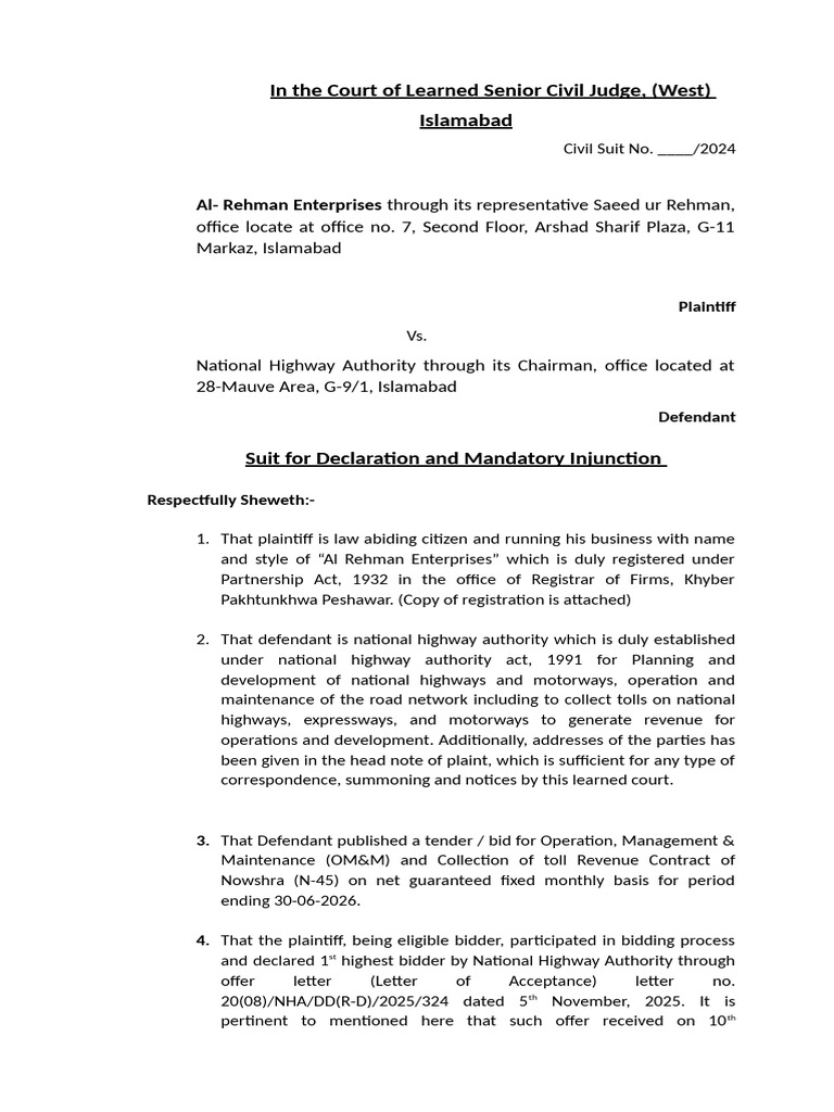 Legal Suit Against NHA for Tender Violation | PDF | Common Law | Public Law
