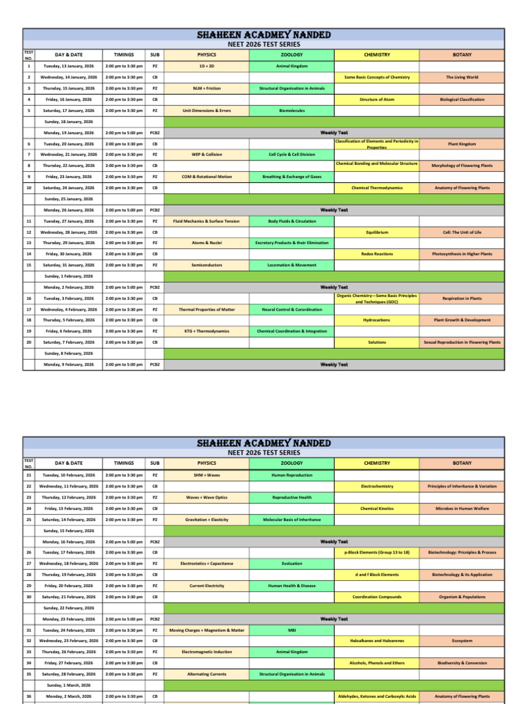 NEET 2026 Test Series Schedule | PDF | Chemistry | Plants