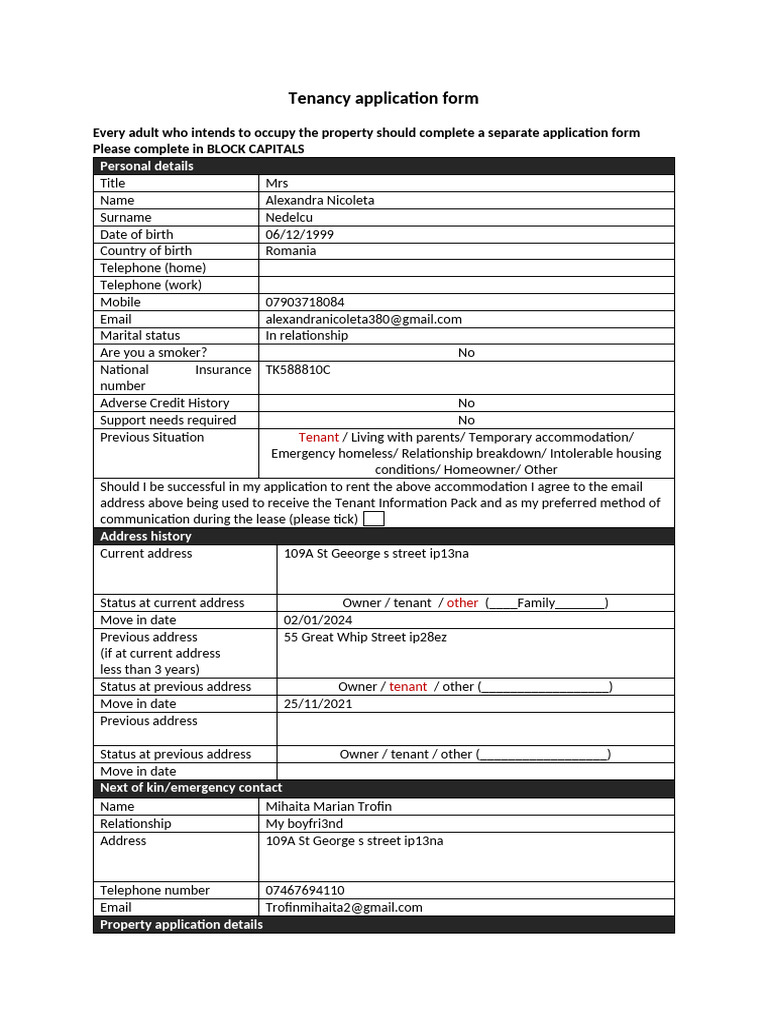 Tenancy Application Form Template | PDF | Leasehold Estate | Lease