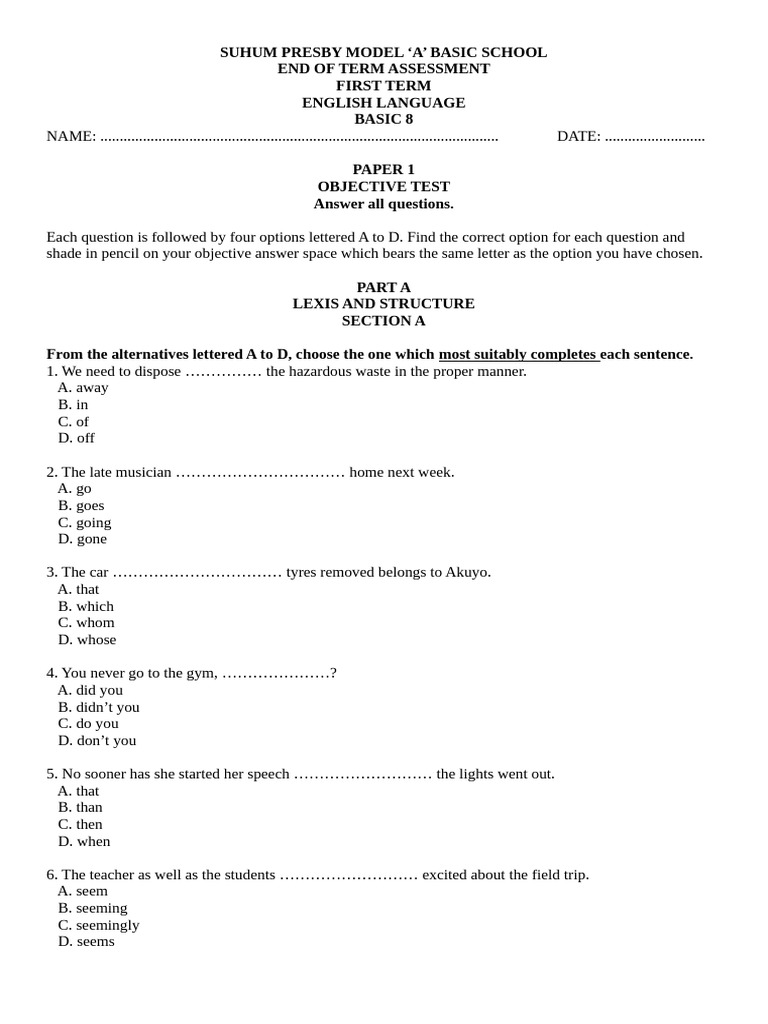 Basic 8 English Language Assessment | PDF