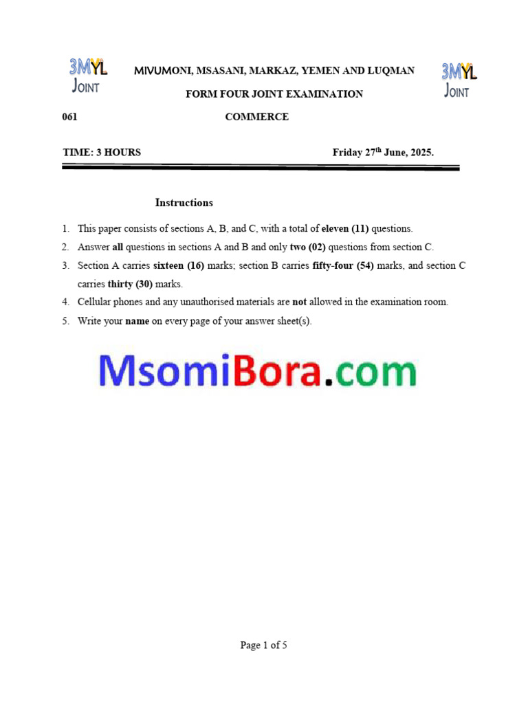 Form Four Commerce Exam Paper 2025 | PDF | Receipt | Cheque